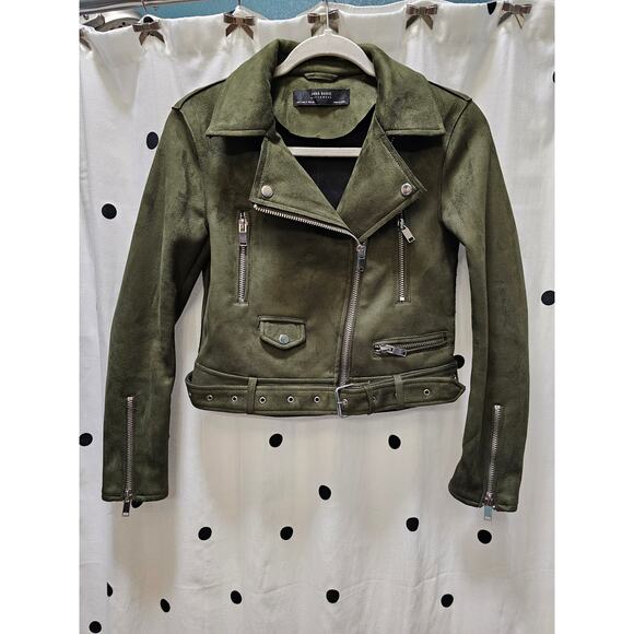 Green Zara Basic Outerwear suede moto jacket with zippers and pockets small - Picture 1 of 11